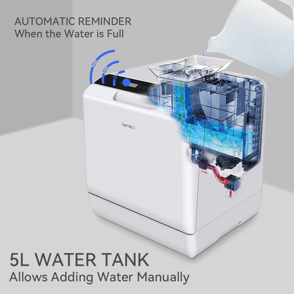 Hermitlux Countertop Dishwasher, 7 Washing Programs Portable Mini Dishwasher with 5-Liter Built-in Water Tank for Apartments & RVs, LED Light, Glass Door, No Hookup Needed wourant