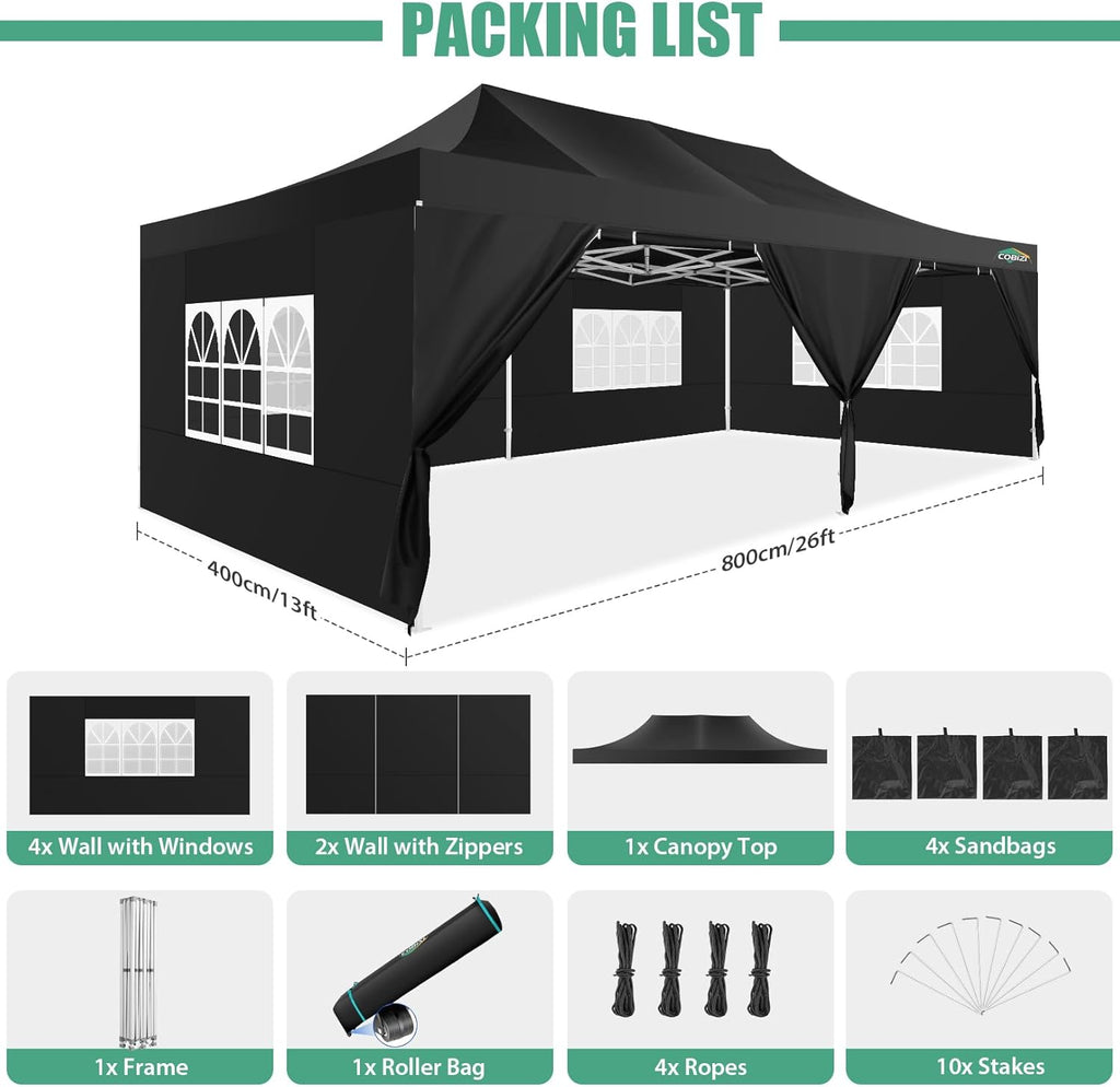 COBIZI 10x20 Heavy Duty Pop up Canopy Tent with 6 sidewalls Easy Up Commercial Outdoor Canopy Wedding Party Tents for Parties All Season Wind & Waterproof Gazebo with Roller Bag,Black(Frame Thickened) wourant