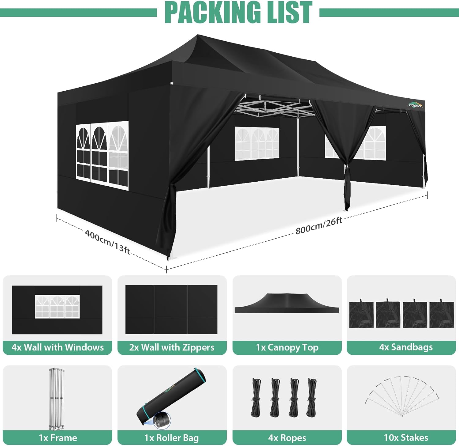 COBIZI 10x20 Heavy Duty Pop up Canopy Tent with 6 sidewalls Easy Up Commercial Outdoor Canopy Wedding Party Tents for Parties All Season Wind & Waterproof Gazebo with Roller Bag,Black(Frame Thickened) wourant