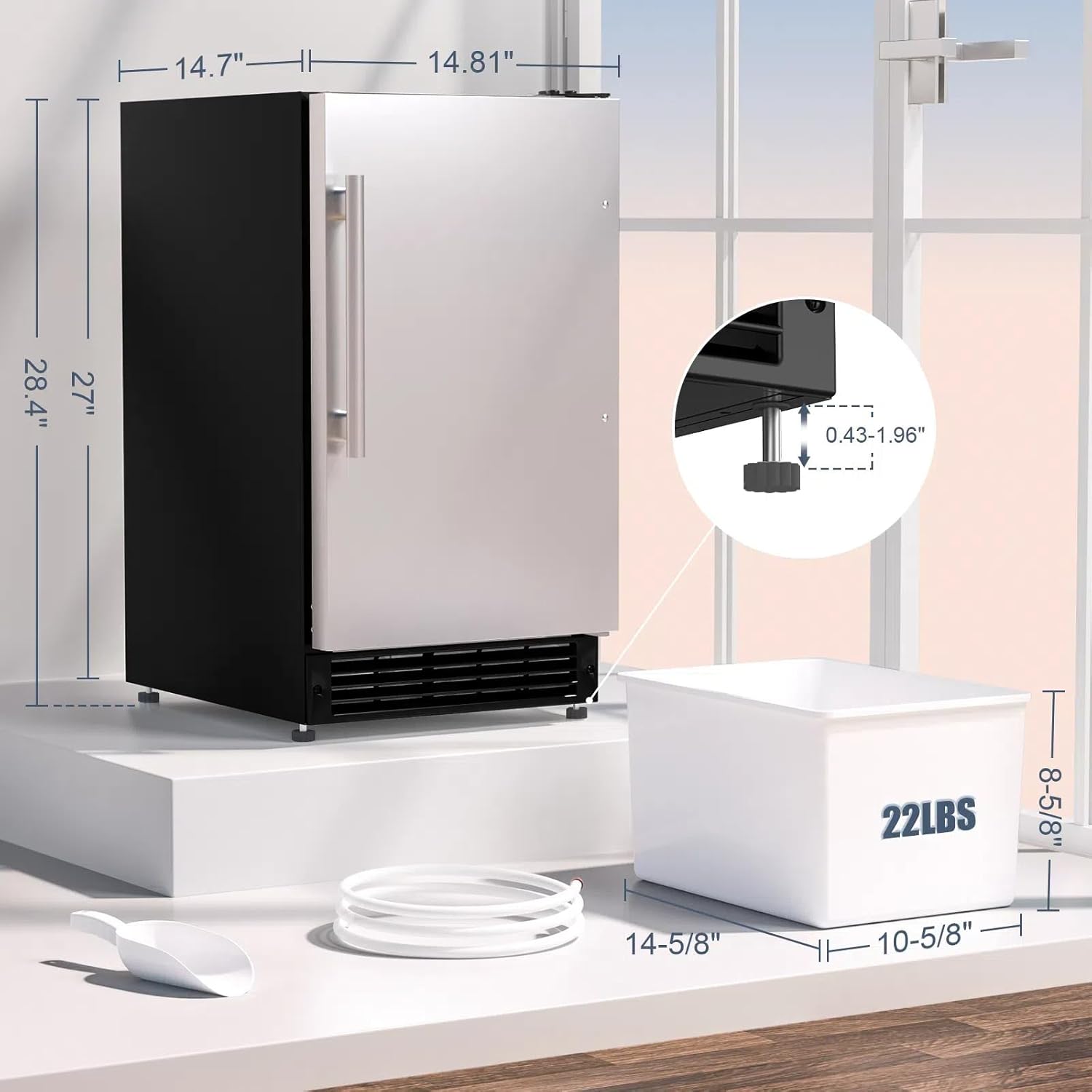 COTLIN 15" W Drainless Under Counter Ice Maker with 22LBS Storage Bin, Crescent Ice, Free Standing Built-in Ice Maker for Residential Commercial Use, No Drain Required, ETL Approved, 2025 Upgraded wourant