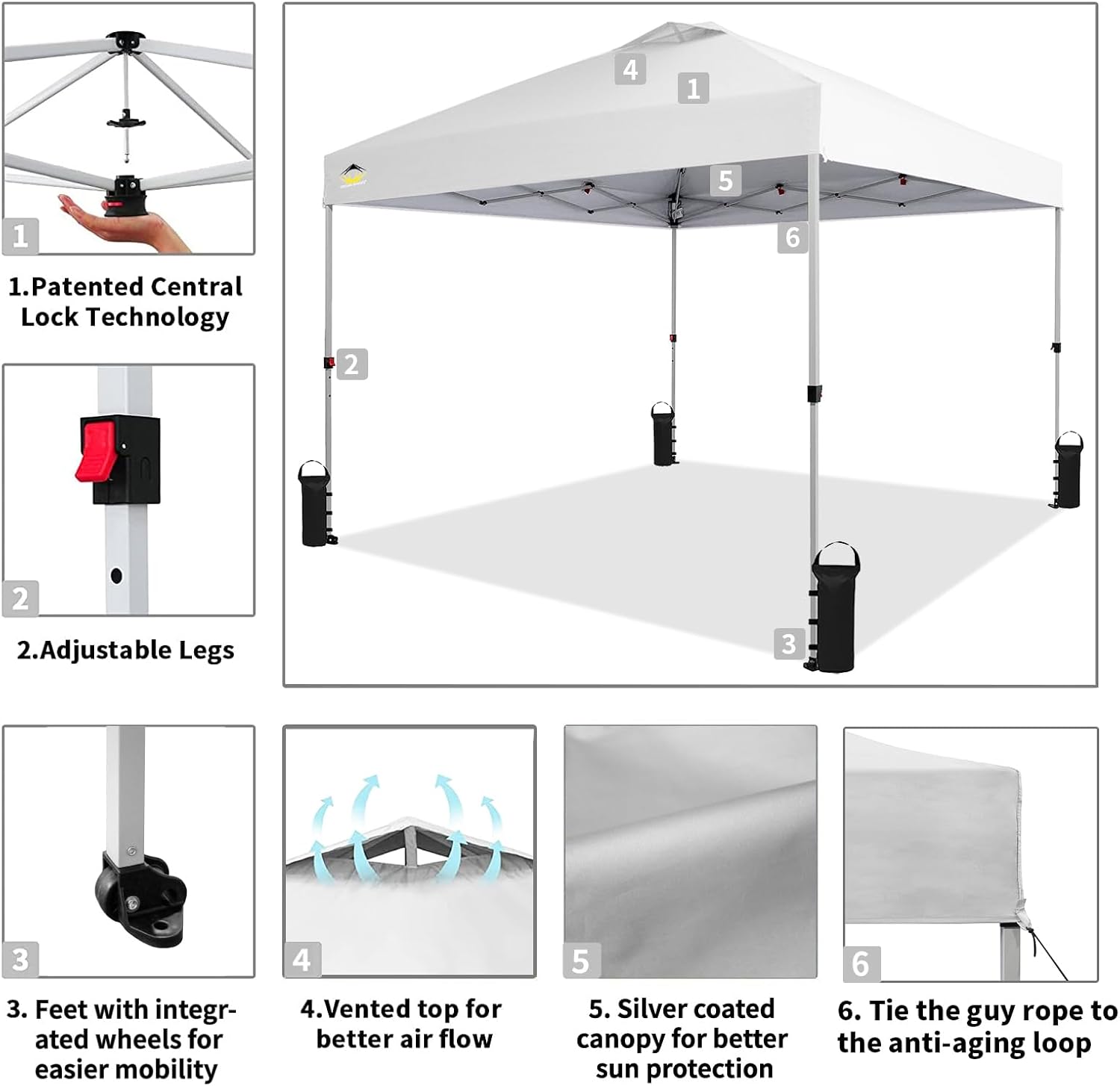 10x10 Pop-Up Awning - One-Click Installation Beach Tent - Outdoor Sunshade Silver Coated Top, 3 Heights and 4 Sand Pockets wourant