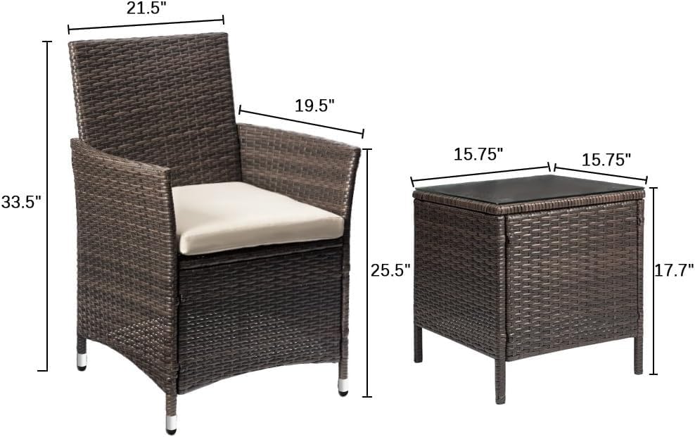Devoko Patio Porch Furniture Sets 3 Pieces PE Rattan Wicker Chairs with Table Outdoor Garden Furniture Sets (Brown/Beige) wourant