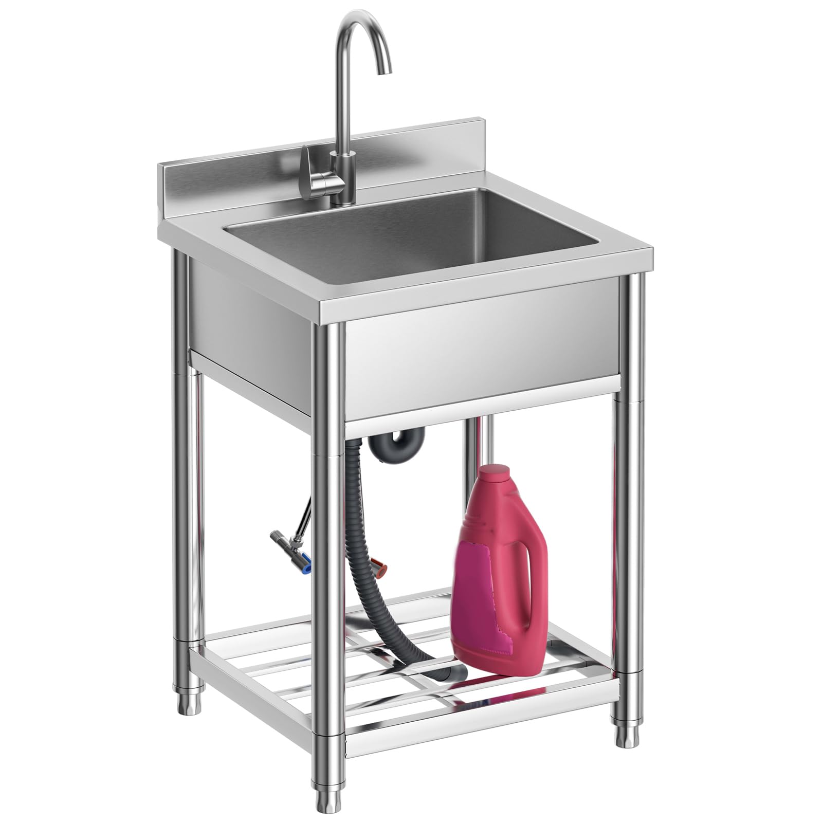 Stainless Steel Utility Sink, Free Standing Single Bowl Kitchen Sink with Cold and Hot Water Faucet, Commercial Sink for Restaurant Bar Cafe and Hotel, Indoor and Outdoor Sink, 21.7 in wourant