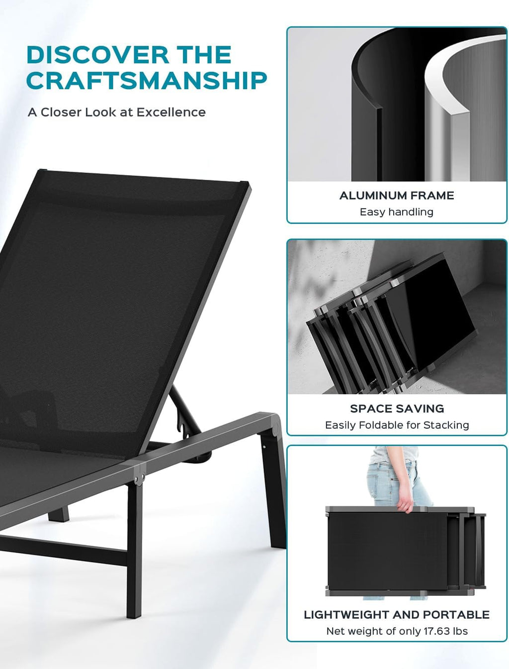 Aluminum Chaise Lounge Ourdoor - Foldable & Assemble Free Outdoor Lounge Chair with 5 Adjustable Backrest, Patio Lounge Chair for Outside Poolside Beach Pool, Black wourant