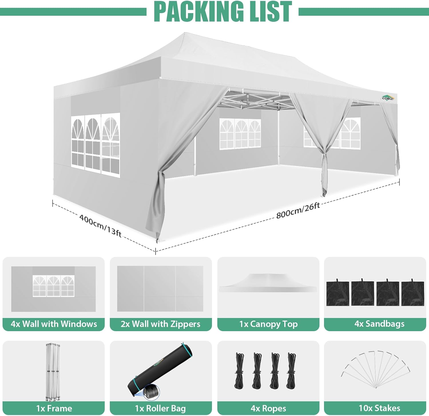 COBIZI 10x20 Heavy Duty Pop up Canopy Tent with 6 sidewalls Easy Up Commercial Outdoor Canopy Wedding Party Tents for Parties All Season Wind & Waterproof Gazebo with Roller Bag,Black(Frame Thickened) wourant