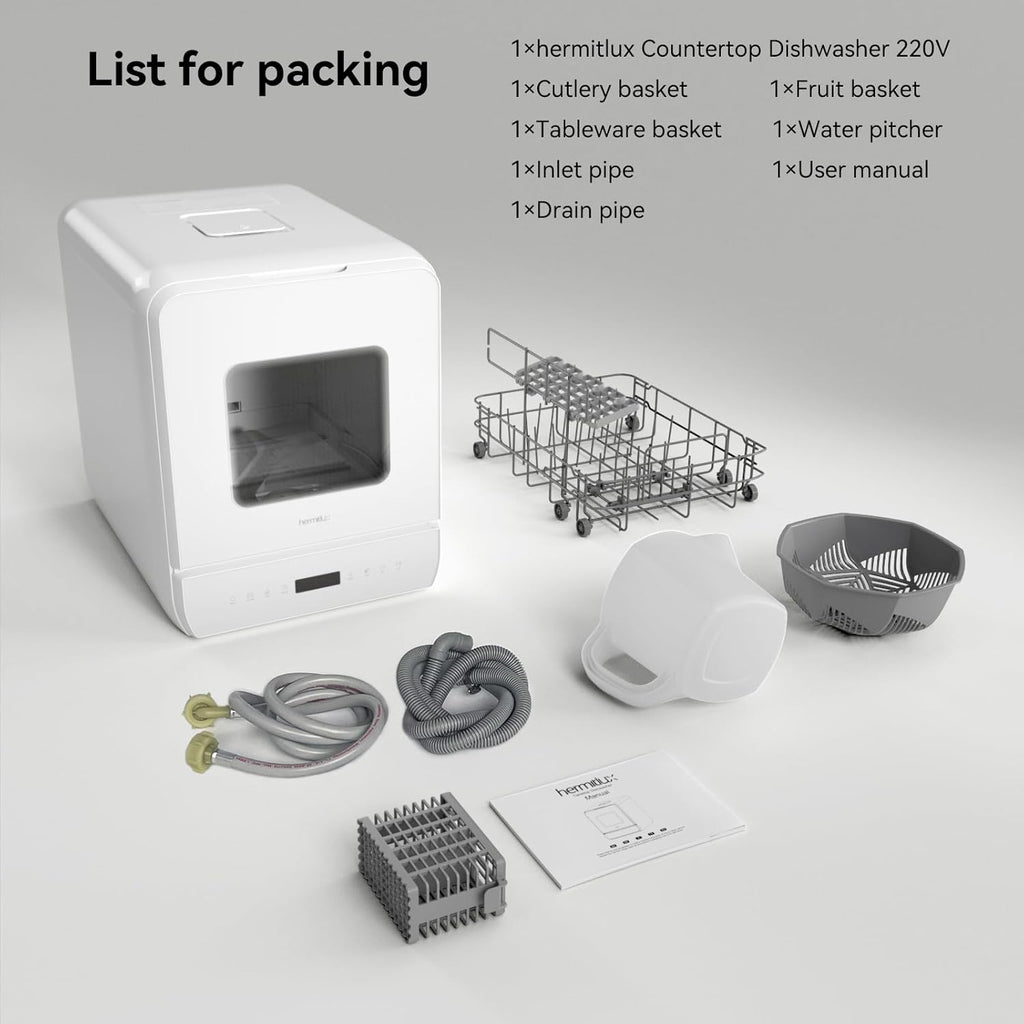 Hermitlux Countertop Dishwasher, 7 Washing Programs Portable Mini Dishwasher with 5-Liter Built-in Water Tank for Apartments & RVs, LED Light, Glass Door, No Hookup Needed wourant