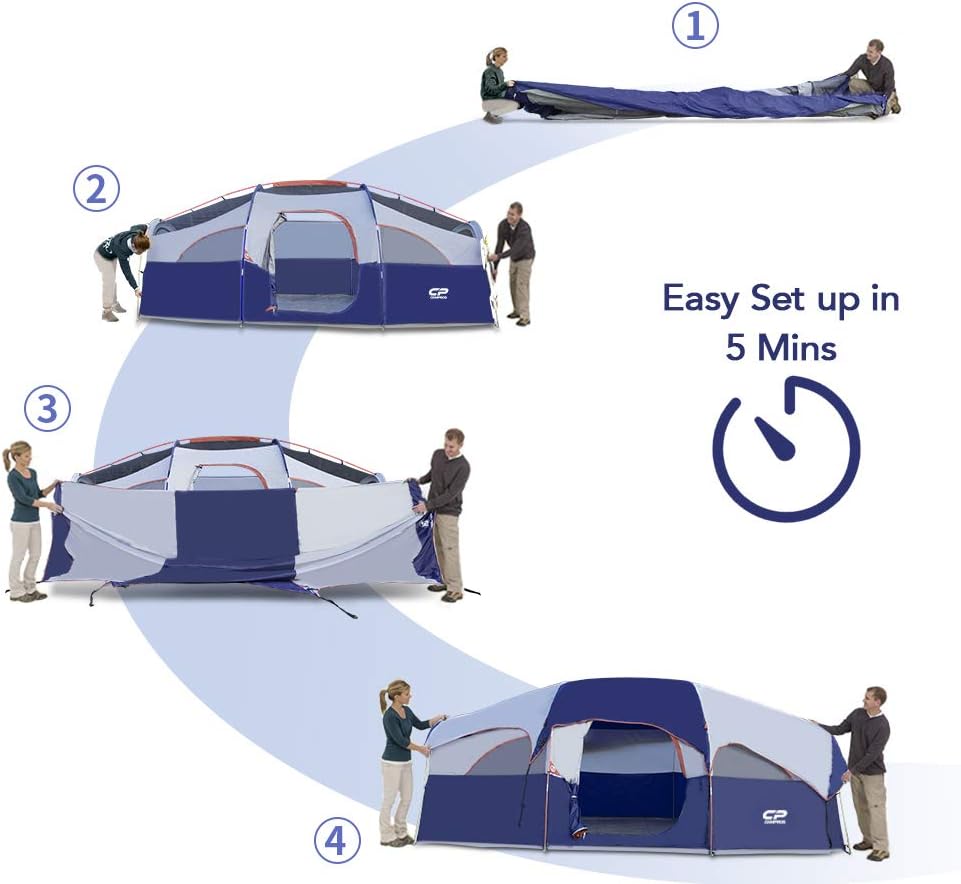 CAMPROS CP Tent 8 Person Camping Tents, Weather Resistant Family Tent, 5 Large Mesh Windows, Double Layer, Divided Curtain for Separated Room, Portable with Carry Bag wourant