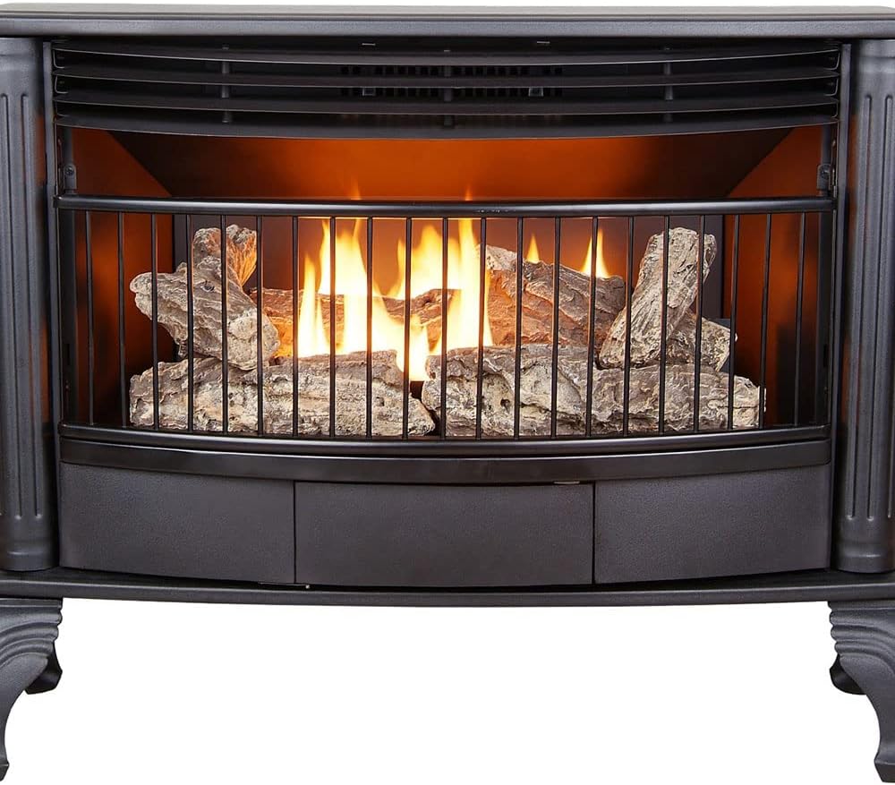Vent-free 25,000 BTU space-saving freestanding dual-fuel fireplace with built-in thermostat control wourant