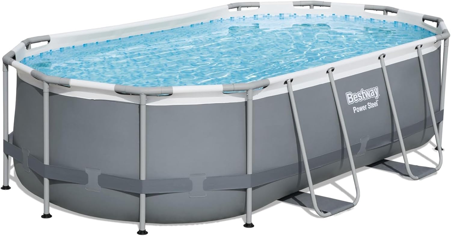 Power Steel 14' x 8'2" x 39.5" Oval Above Ground Pool Set | Includes 530gal Filter Pump, Ladder, ChemConnect Dispener wourant