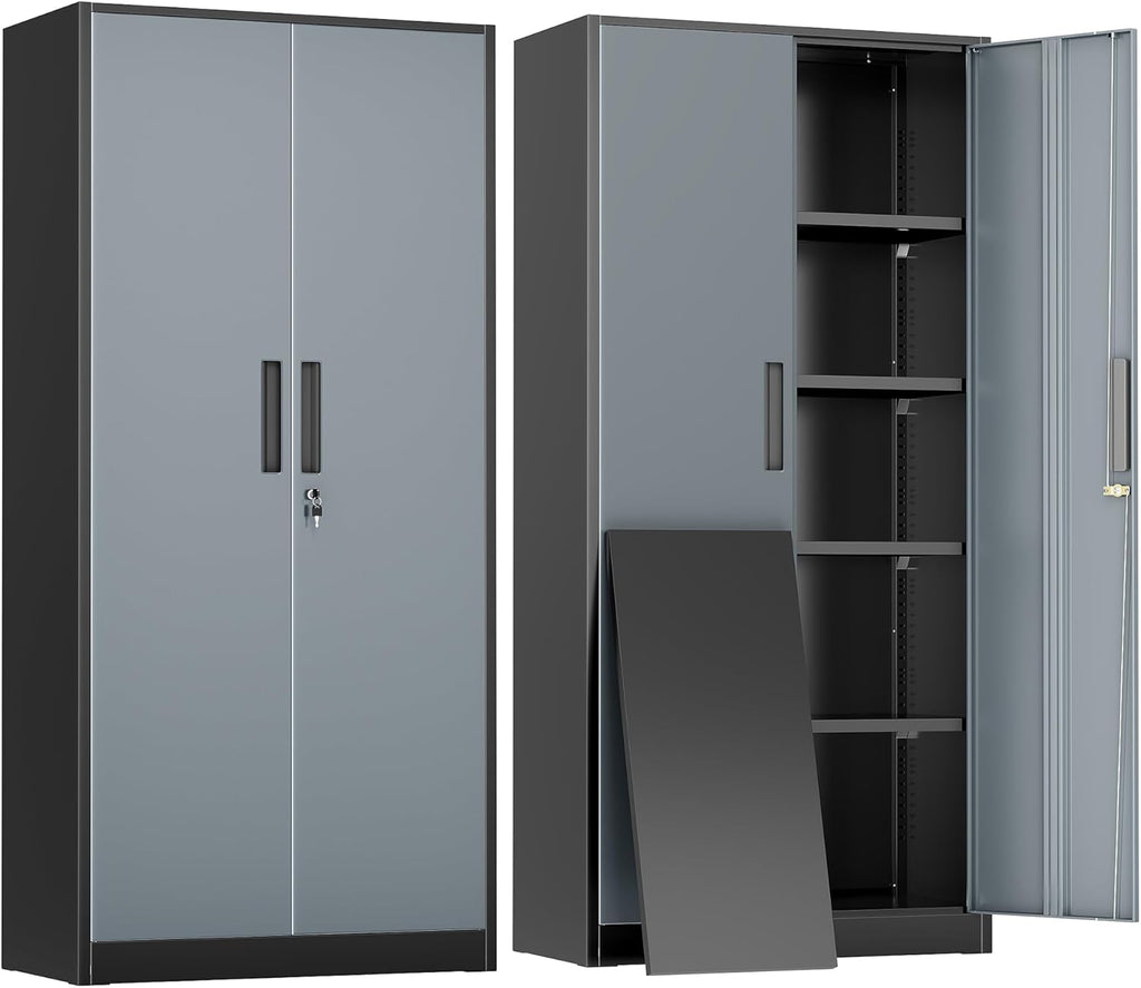 Greenvelly Metal Storage Cabinet, 72" Black Locking Metal Cabinet with 2 Doors and 4 Adjustable Shelves, Lockable Garage Storage Cabinets for Home Office, Garage, Kitchen, Living Room wourant