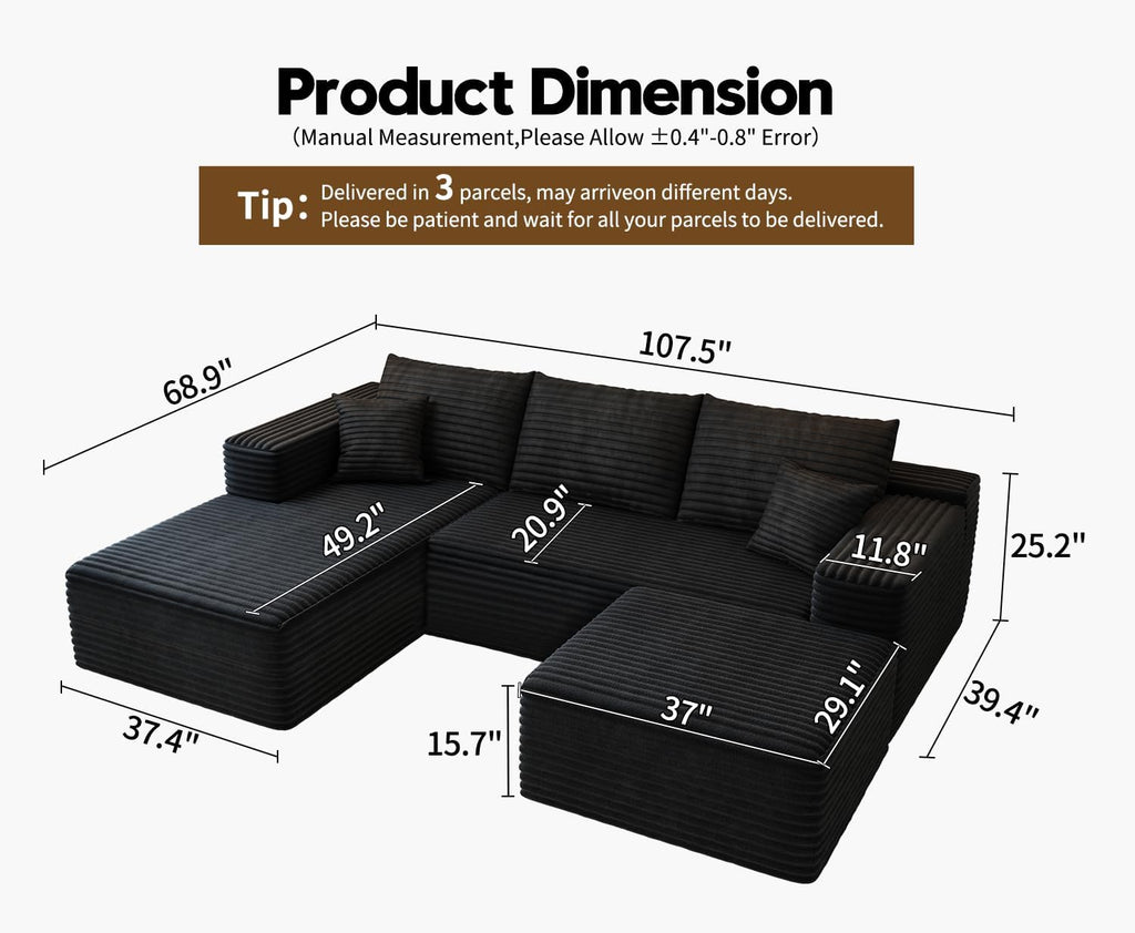 107.5" Cloud Modular Sectional Sofa Couch with L-Shape Chaise,Modern Minimalist Upholstered Couches wourant
