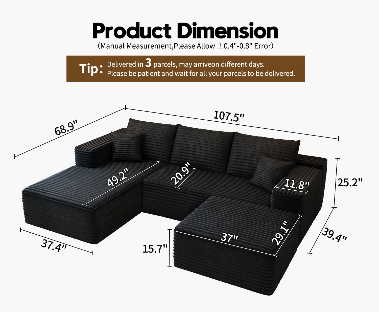 107.5 inch Cloud Modular Sectional Sofa with L-Shaped Chaise Lounge, Modern Minimalist Upholstered Sofa Deep Seating Corner Sofa wourant