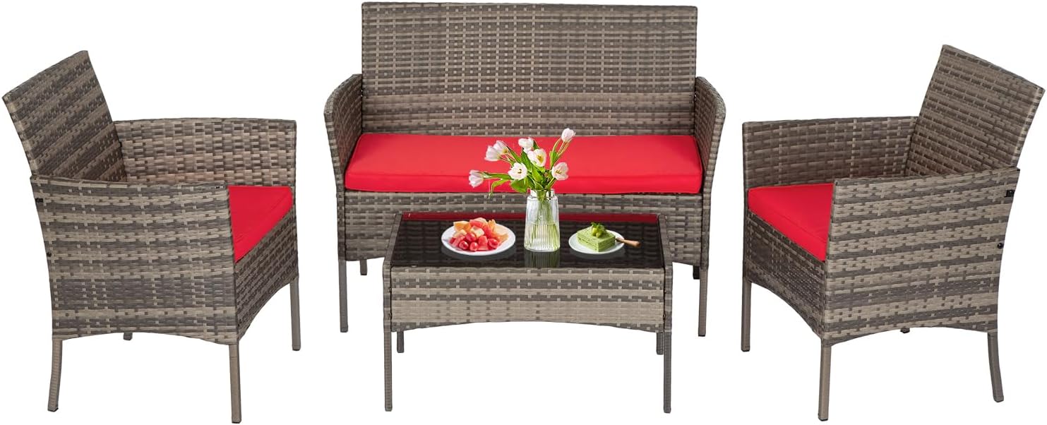 FDW | 4-Piece Patio Furniture Set | Black | Outdoor Wicker Furniture with Coffee Table | Modern Rattan Chairs Conversation Set | Outdoor Seating | Weather-Resistant | for Porch, Garden, Lawn woonhhop