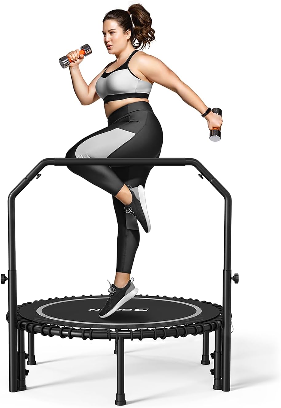 BCAN 450/550 LBS Foldable Mini Trampoline, 40"/48" Fitness Trampoline with Bungees, U Shape Adjustable Foam Handle, Stable & Quiet Exercise Rebounder for Adults Indoor/Outdoor Workout wourant