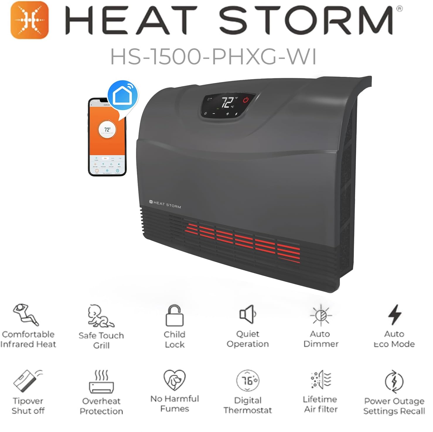 Heat Storm HS-1500-PHX-WIFI Infrared Heater, Wifi Wall Mounted wourant
