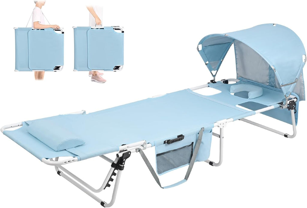Tanning Chair with Sun Canopy Face Hole, Heavy Duty Folding Chaise Lounge Chair 5 Position Reclining for Adults Outside Reading Sunbathing Poolside Camping Beach, UPF 50+ Sun Shade, 300 LBS wourant