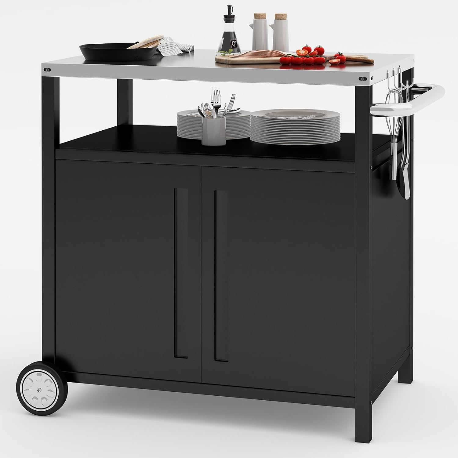 Stainless Steel Outdoor Grill Cart Pizza Oven Stand Trolley Table with Wheels Three-Shelf Movable Food Prep and Work Table Heavy Duty Grill Carts Outdoor Cart 31.5"×24"×35.5" wourant