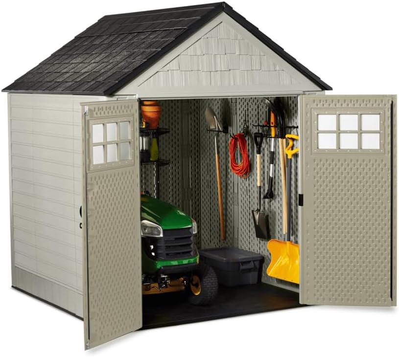 Rubbermaid Resin Outdoor Storage Shed With Floor (7 x 7 Ft) Weather Resistant Gray Organization for Home/Backyard/Garden Tools/Lawn Mower/Bike Storage/Pool Supplies wourant