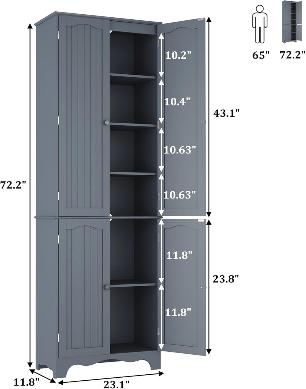 Tall Pantry Cabinet, Freestanding Storage Cabinet, Wooden Kitchen Pantry with 4 Doors and 5 Shelves, 72" Floor Cabinet Organizer wourant