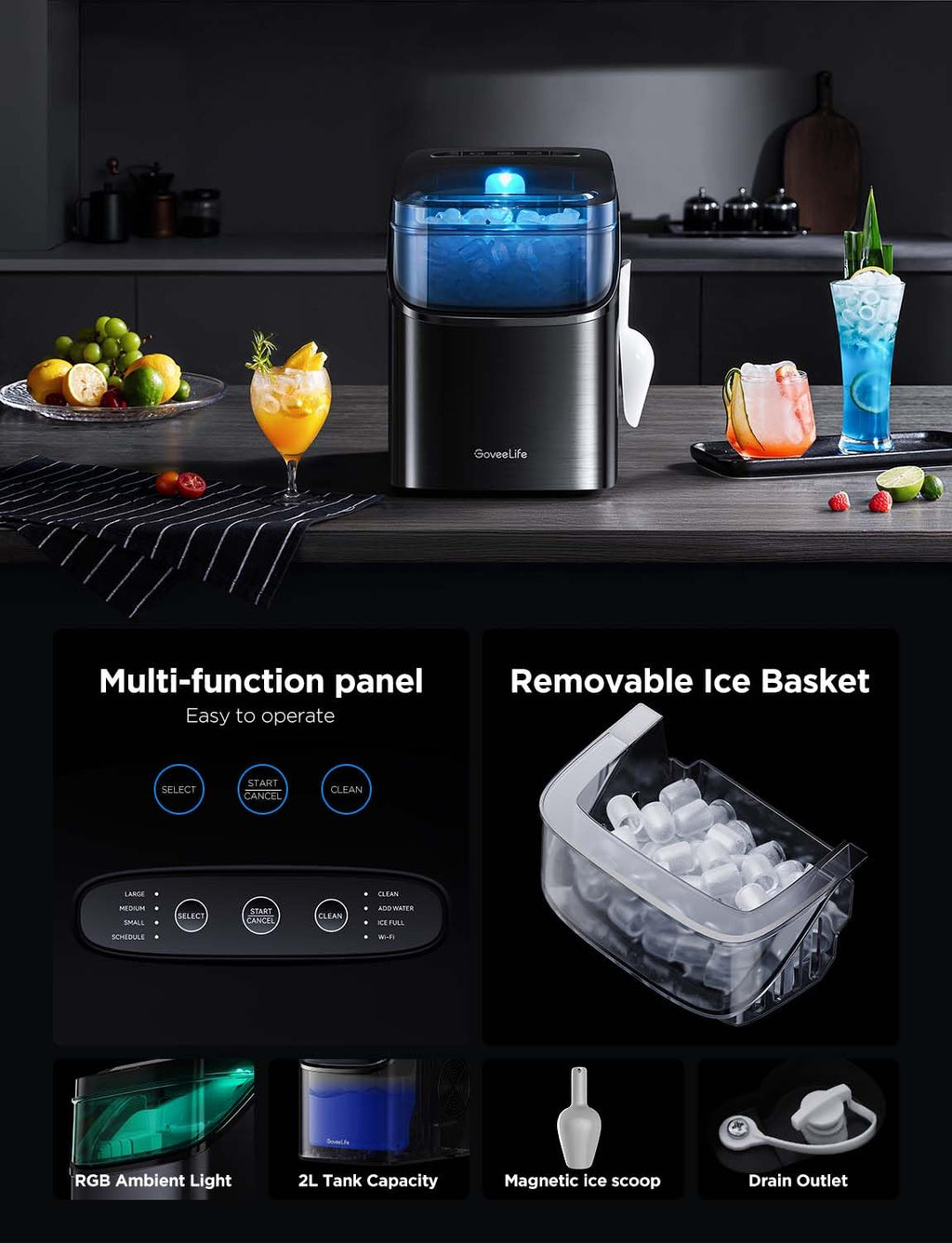 GoveeLife Smart Ice Maker Countertop, Portable Ice Machine with Voice Control, 9 Ice Cubes in 6 Minutes 3 Sizes, 26lbs/24Hrs, Self Cleaning RGB Lights, Quiet Ice Maker with Scoop for Kitchen Black wourant