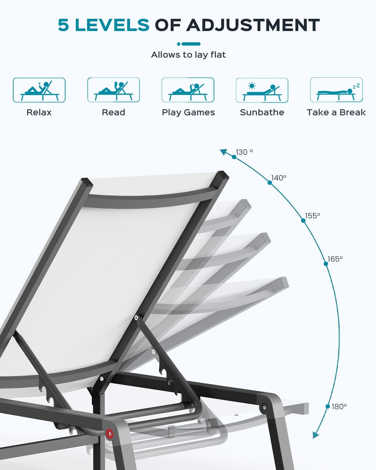 Aluminum Chaise Lounge Ourdoor - Foldable & Assemble Free Outdoor Lounge Chair with 5 Adjustable Backrest, Patio Lounge Chair for Outside Poolside Beach Pool, Black wourant