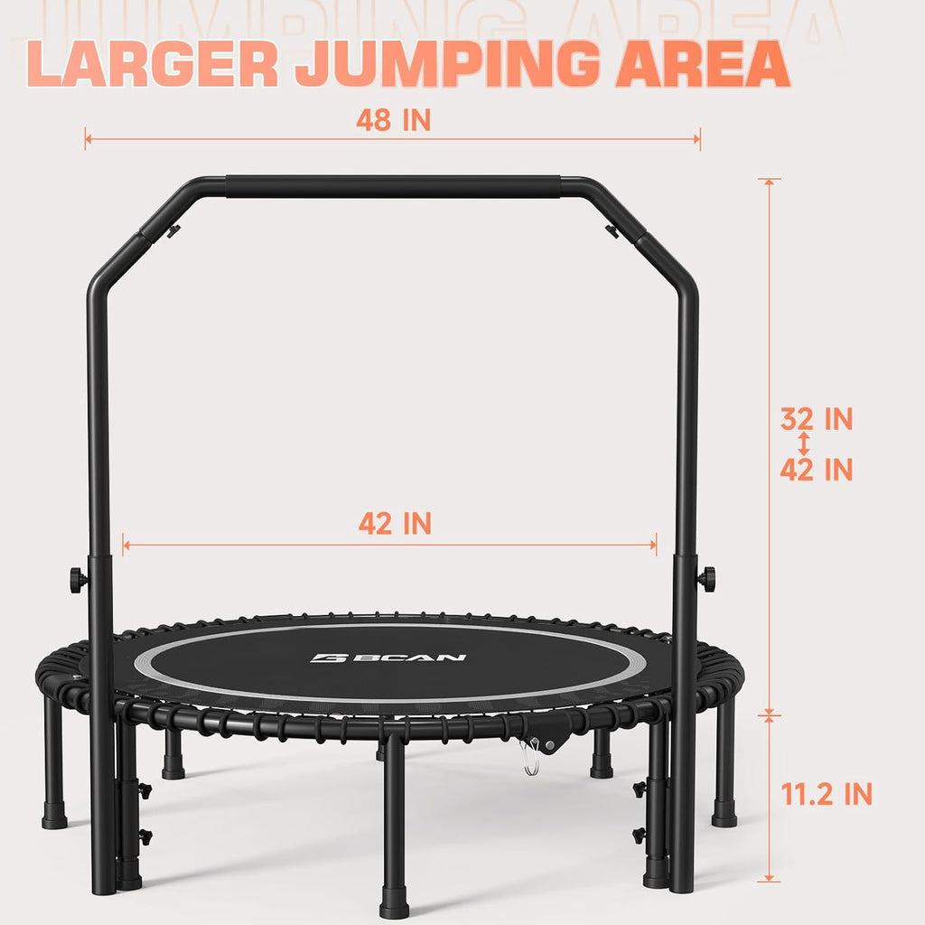 BCAN 450/550 LBS Foldable Mini Trampoline, 40"/48" Fitness Trampoline with Bungees, U Shape Adjustable Foam Handle, Stable & Quiet Exercise Rebounder for Adults Indoor/Outdoor Workout wourant