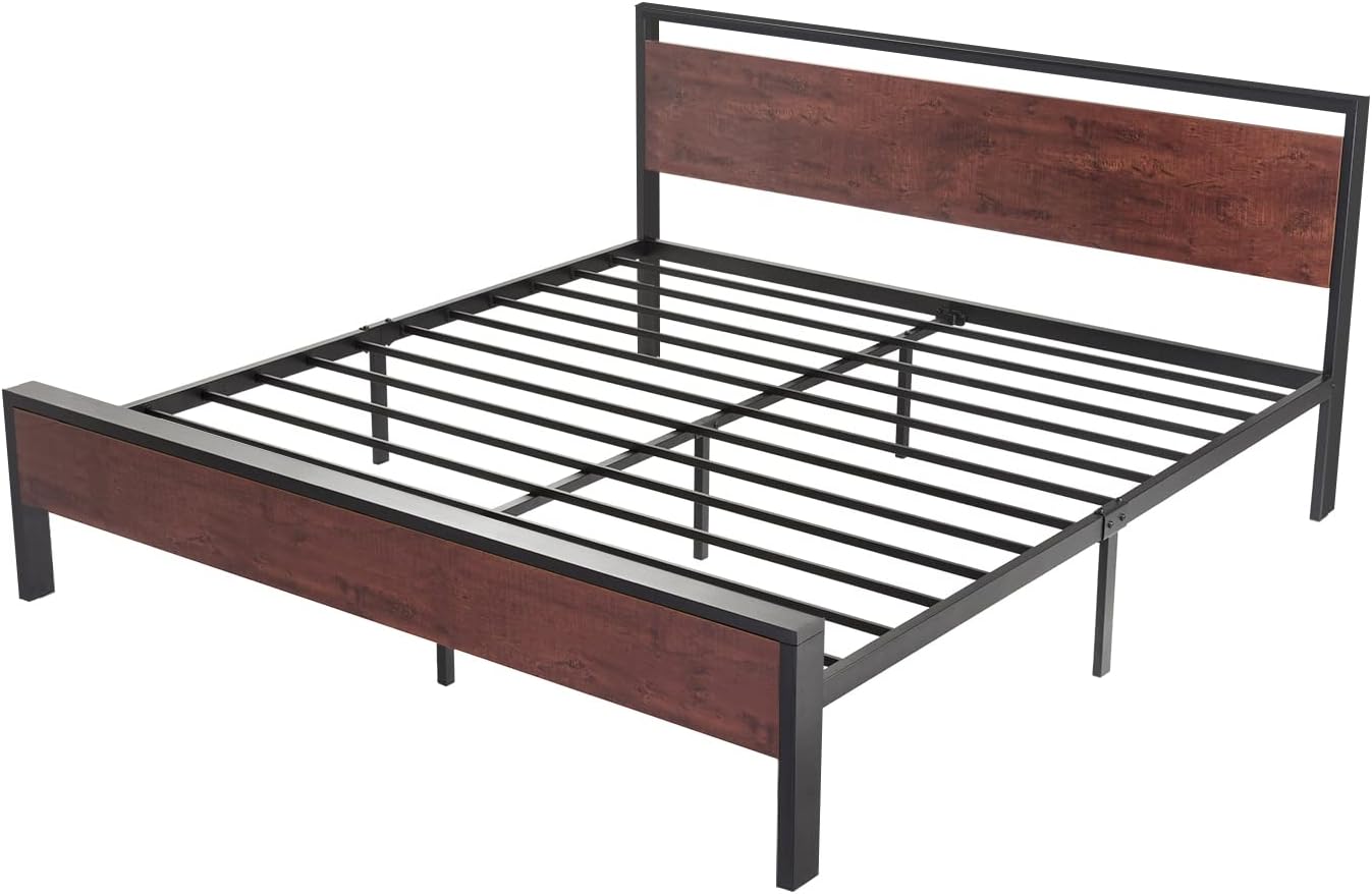 SHA CERLIN 14 Inch Full Size Metal Platform Bed Frame with Wooden Headboard and Footboard wourant
