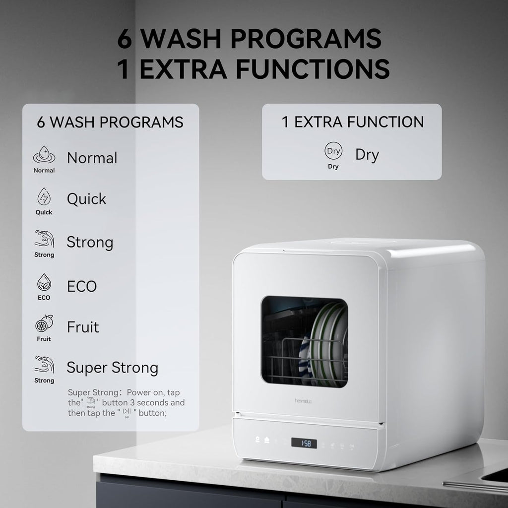 Hermitlux Countertop Dishwasher, 7 Washing Programs Portable Mini Dishwasher with 5-Liter Built-in Water Tank for Apartments & RVs, LED Light, Glass Door, No Hookup Needed wourant