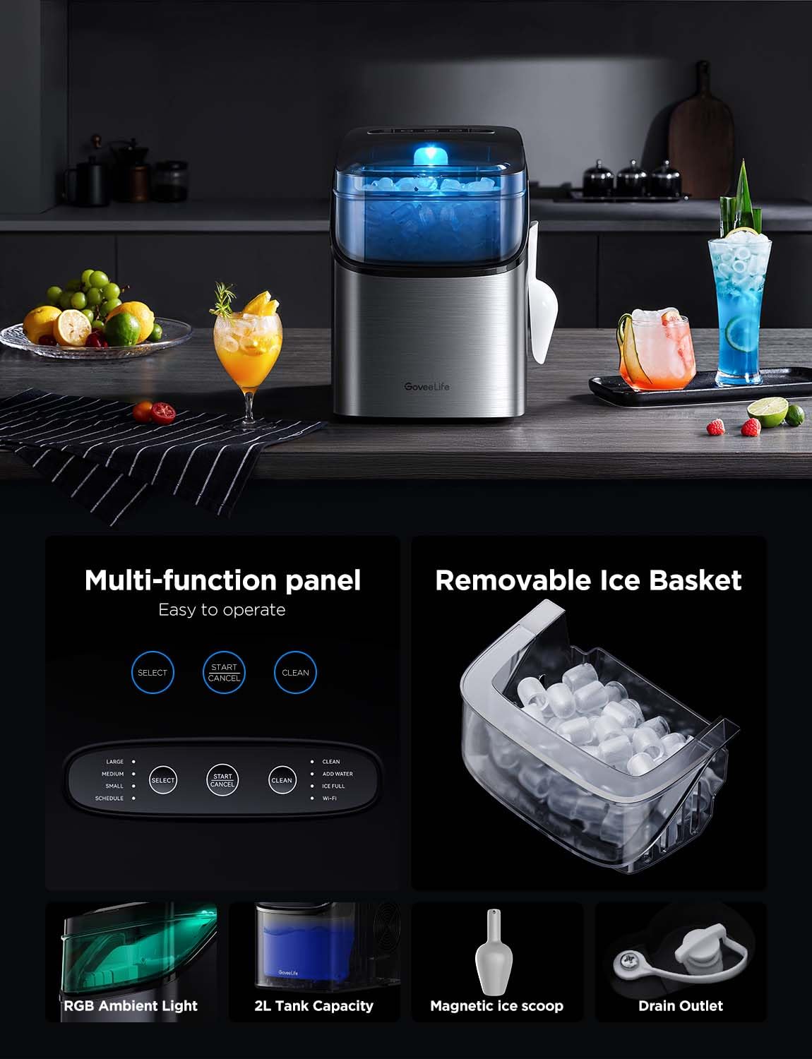 GoveeLife Smart Ice Maker Countertop, Portable Ice Machine with Voice Control, 9 Ice Cubes in 6 Minutes 3 Sizes, 26lbs/24Hrs, Self Cleaning RGB Lights, Quiet Ice Maker with Scoop for Kitchen Black wourant