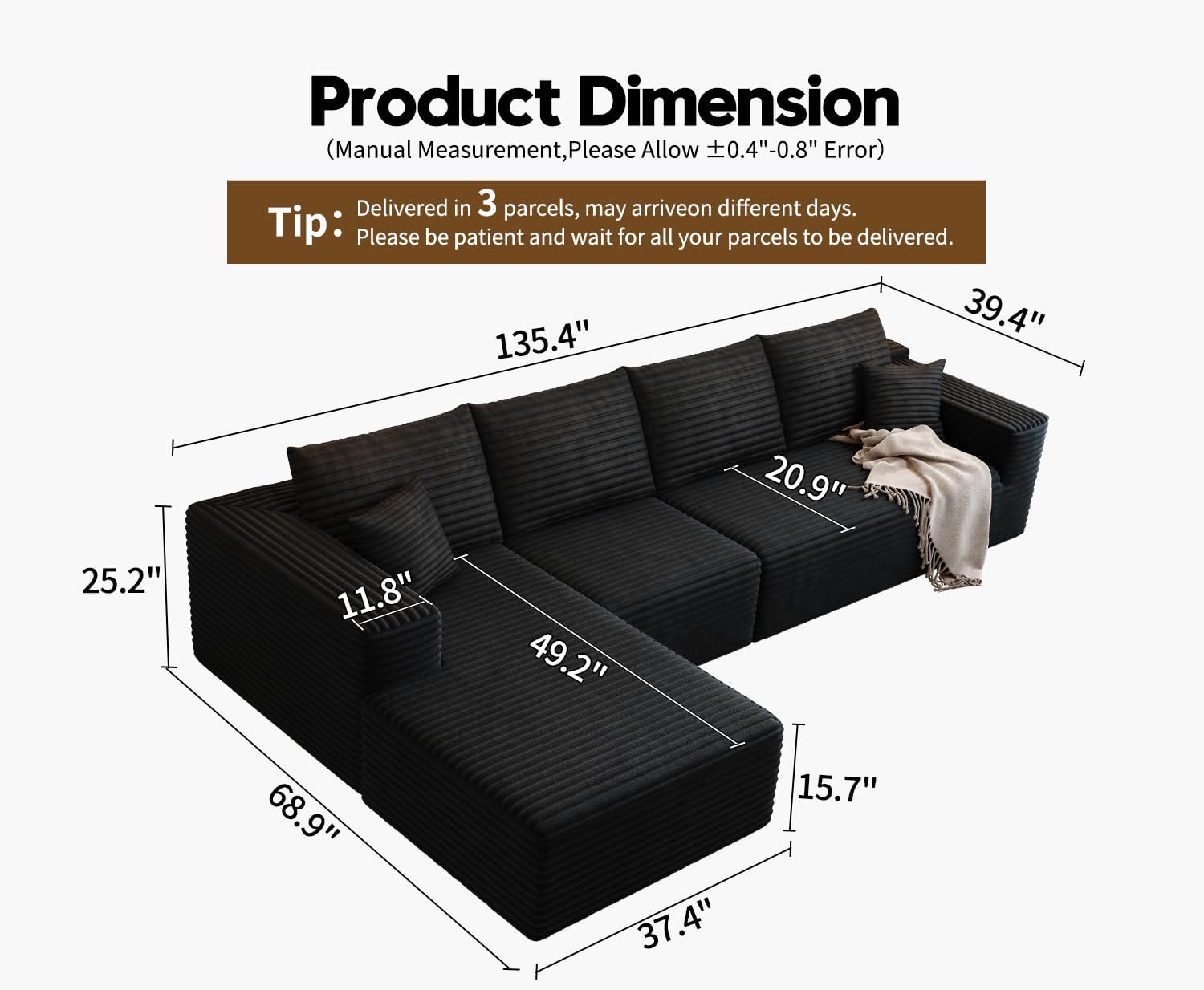107.5" Cloud Modular Sectional Sofa Couch with L-Shape Chaise,Modern Minimalist Upholstered Couches wourant
