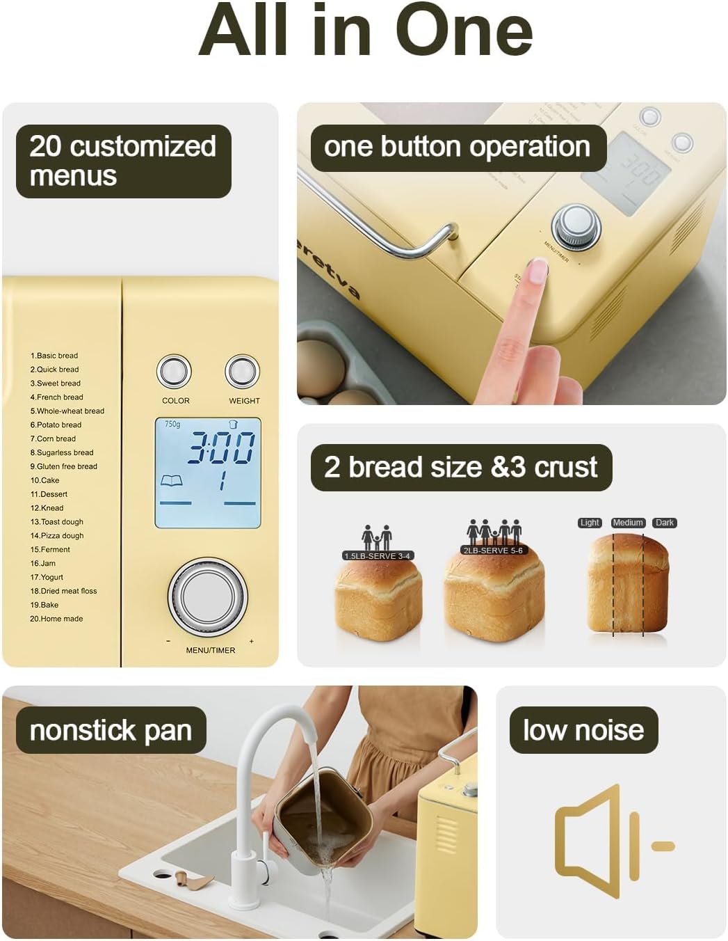 Neretva Bread Maker, 20-IN-1 2LB Bread Machine Dual Heater Bread Maker Machine Automatic with Nonstick Ceramic Pan, 15H Timer & 1H Keep Warm Set, Low Noise, Stainless Steel Breadmaker Recipe-Green wourant