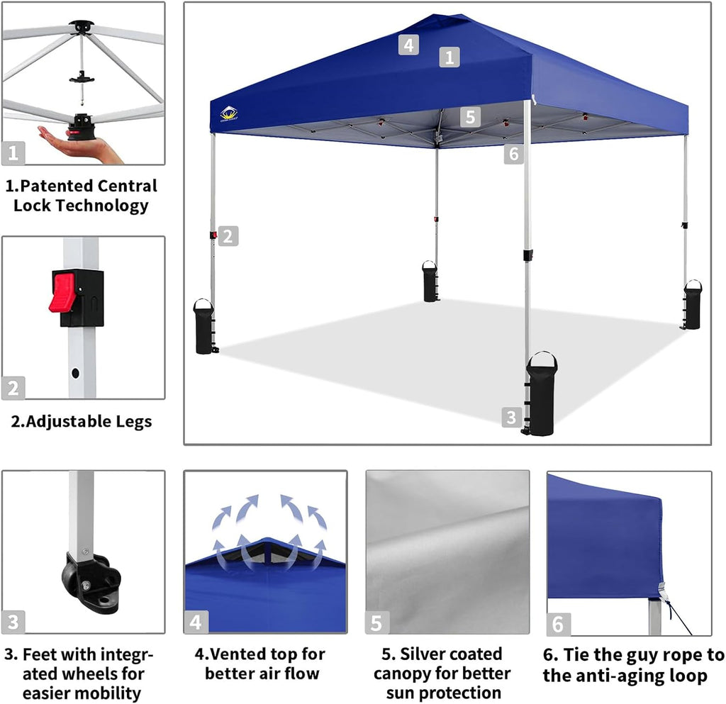 10x10 Pop-Up Awning - One-Click Installation Beach Tent - Outdoor Sunshade Silver Coated Top, 3 Heights and 4 Sand Pockets wourant