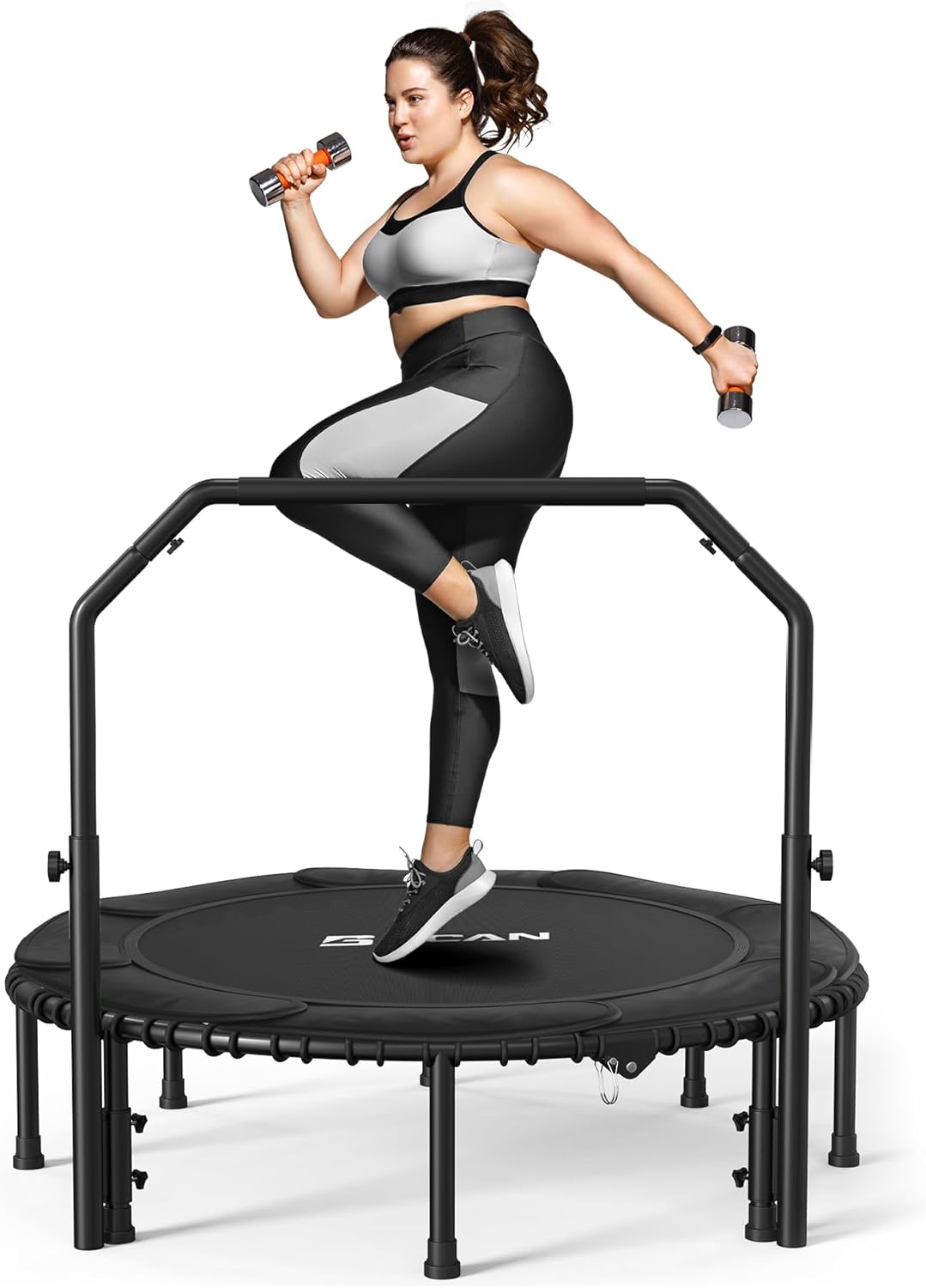 BCAN 450/550 LBS Foldable Mini Trampoline, 40"/48" Fitness Trampoline with Bungees, U Shape Adjustable Foam Handle, Stable & Quiet Exercise Rebounder for Adults Indoor/Outdoor Workout wourant