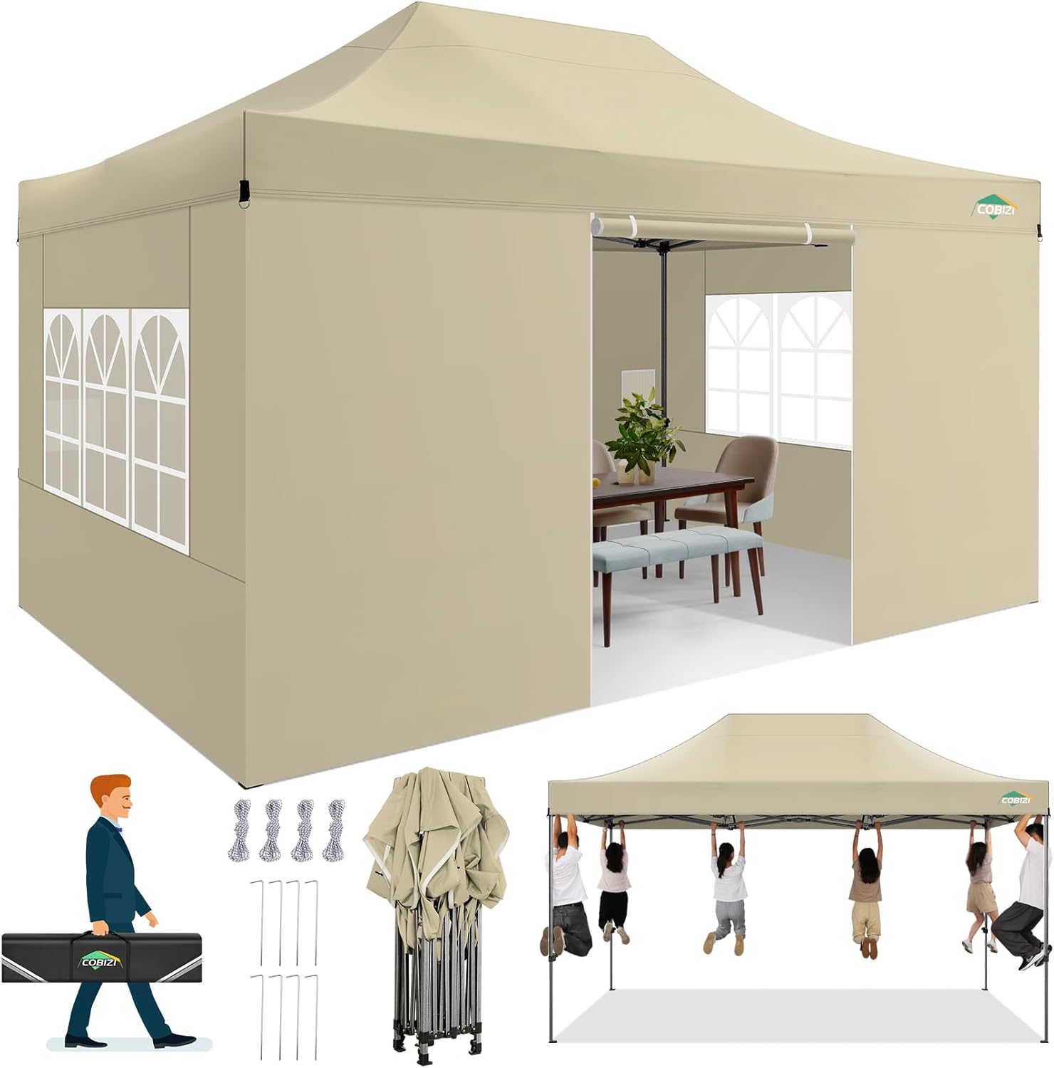 COBIZI 10x20 Heavy Duty Pop up Canopy Tent with 6 sidewalls Easy Up Commercial Outdoor Canopy Wedding Party Tents for Parties All Season Wind & Waterproof Gazebo with Roller Bag,Black(Frame Thickened) wourant