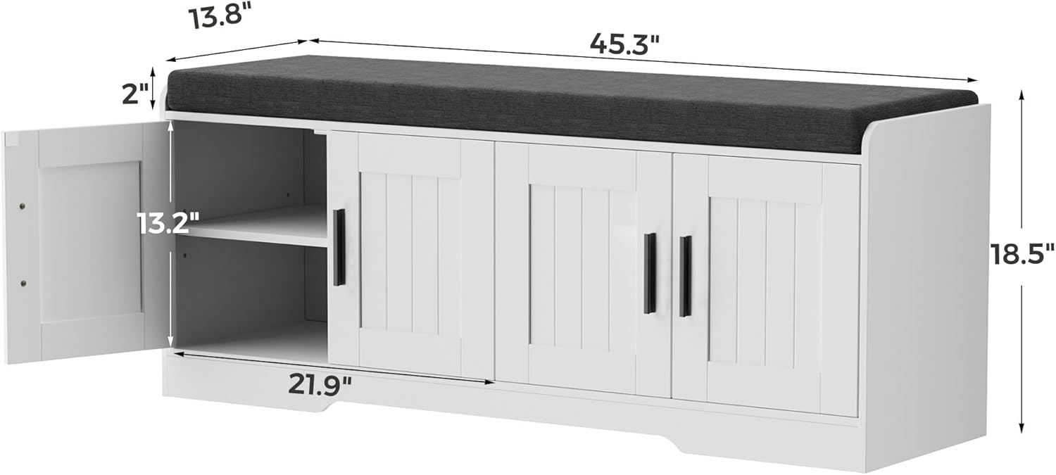 2-Tier Storage Bench, Shoe Bench with Thickened Padded Seat Cushion, Entryway Bench with 4 Doors, Adjustable Shelf, 13.8" D x 45.3" W x 18.5" H, for Entryway, Living Room, Bedroom, White wourant