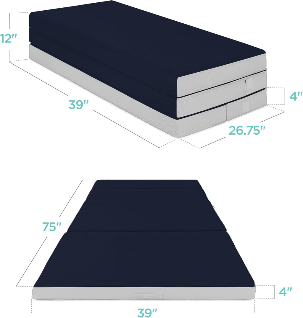 Best Choice Products 4in Portable Queen-Size Mattress, Tri-Fold Mattress for Camping, Guest, Toddler, Foam Plush w/Carry Case - Grey wourant