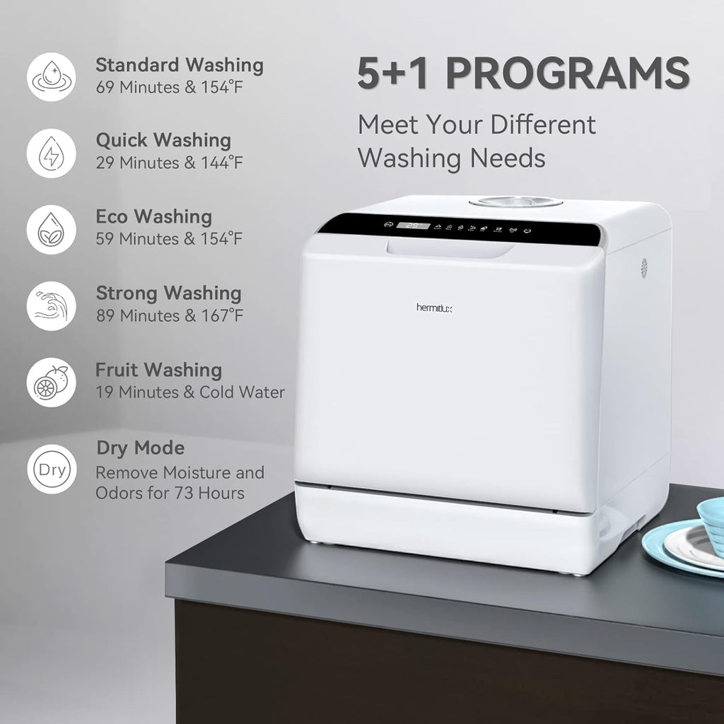 Hermitlux Countertop Dishwasher, 7 Washing Programs Portable Mini Dishwasher with 5-Liter Built-in Water Tank for Apartments & RVs, LED Light, Glass Door, No Hookup Needed wourant
