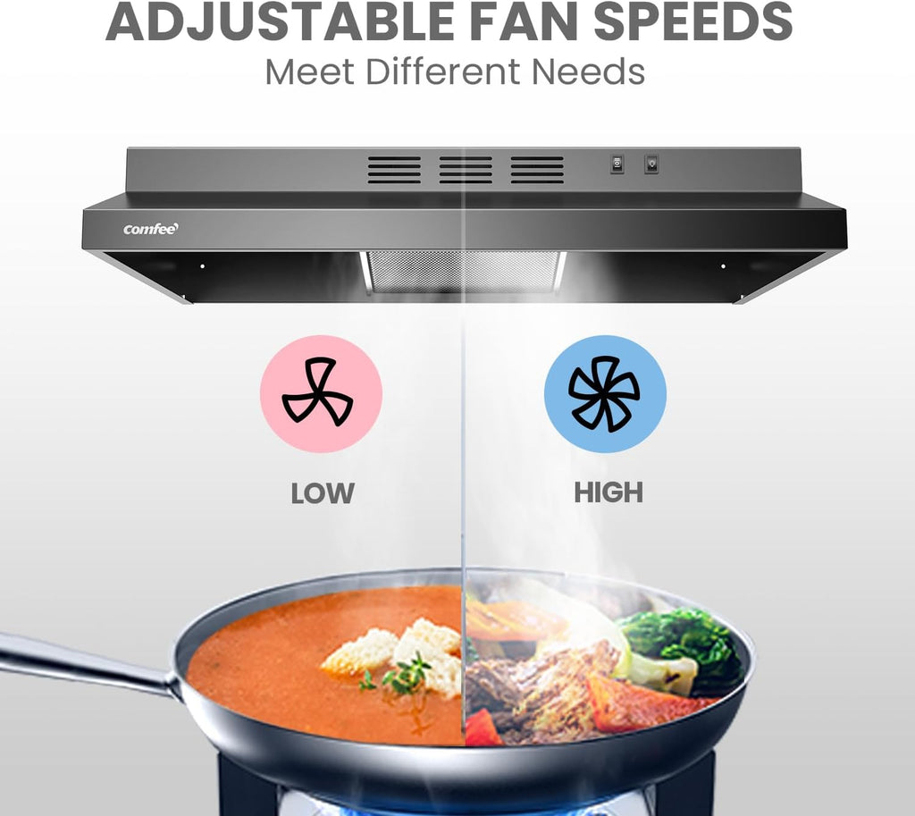Comfee 30" Under Cabinet Ducted/Ductless Convertible Slim Vent Durable Stainless Steel Kitchen Reusable Filter wourant