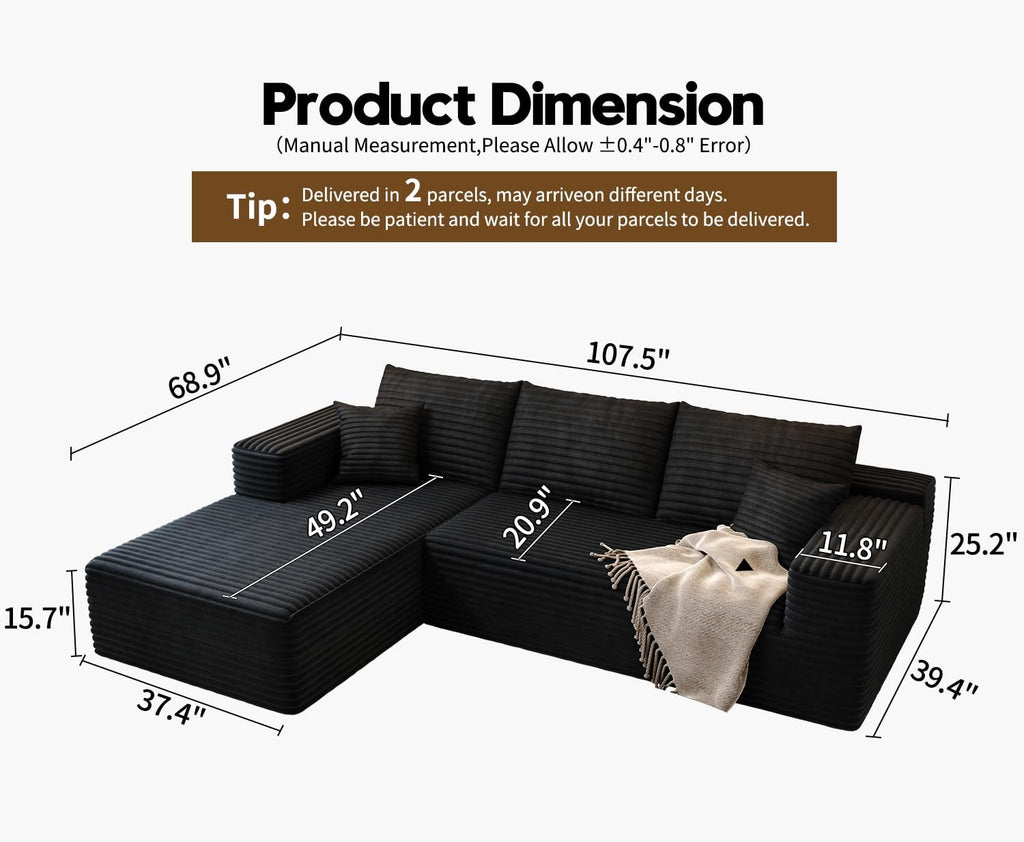 107.5" Cloud Modular Sectional Sofa Couch with L-Shape Chaise,Modern Minimalist Upholstered Couches wourant