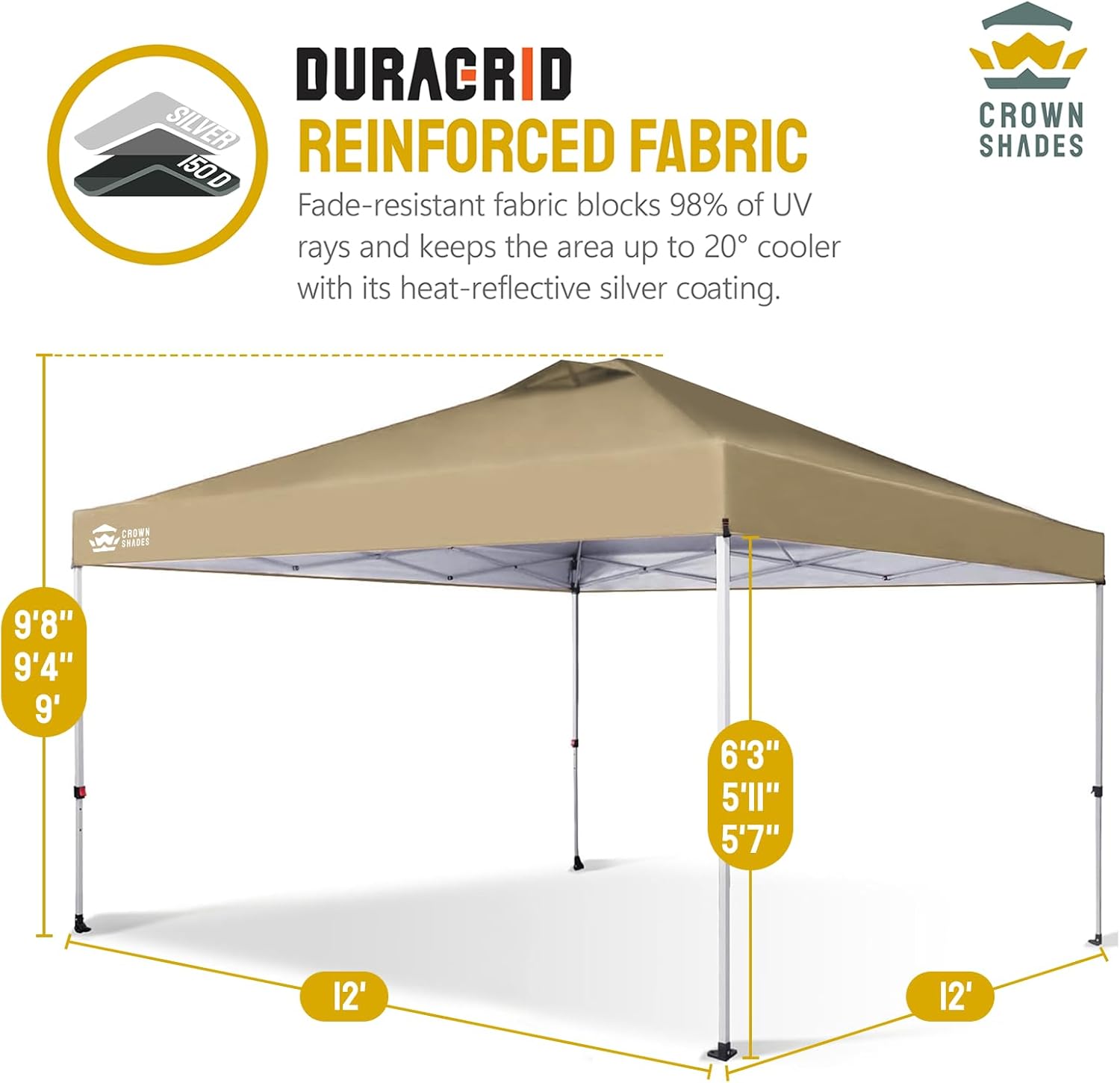 10x10 Pop-Up Awning - One-Click Installation Beach Tent - Outdoor Sunshade Silver Coated Top, 3 Heights and 4 Sand Pockets wourant