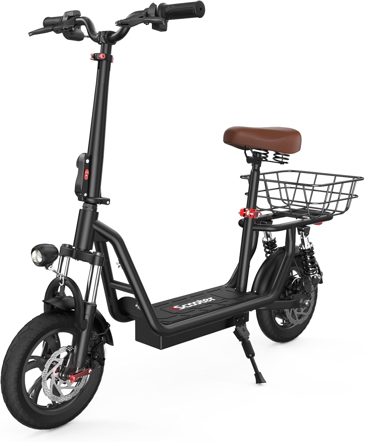iScooter electric scooter with seat, 37/21 mile range, 28/19/15.6 mph top speed, dual suspension scooter with basket wourant