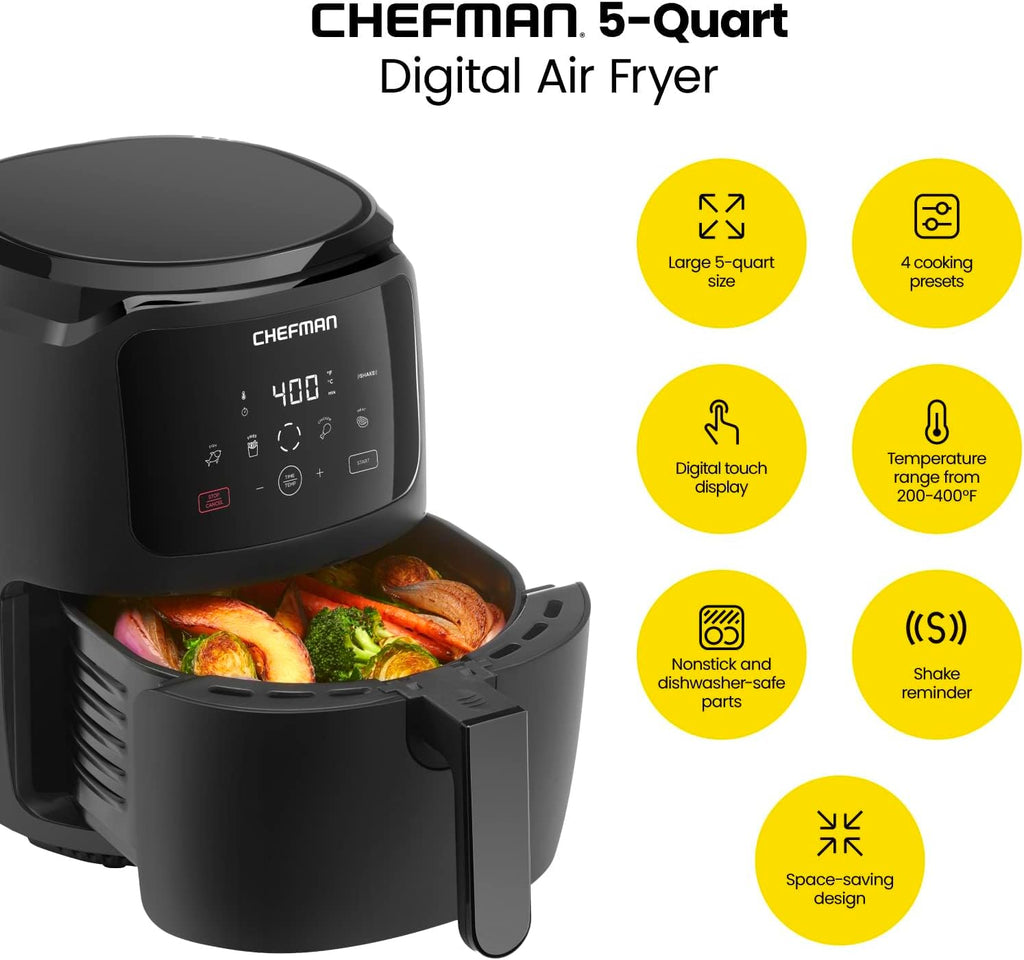 Chefman 6-Quart Double Basket Air Fryer with Easy View Window uses two separate 3-quart nonstick pans. wourant