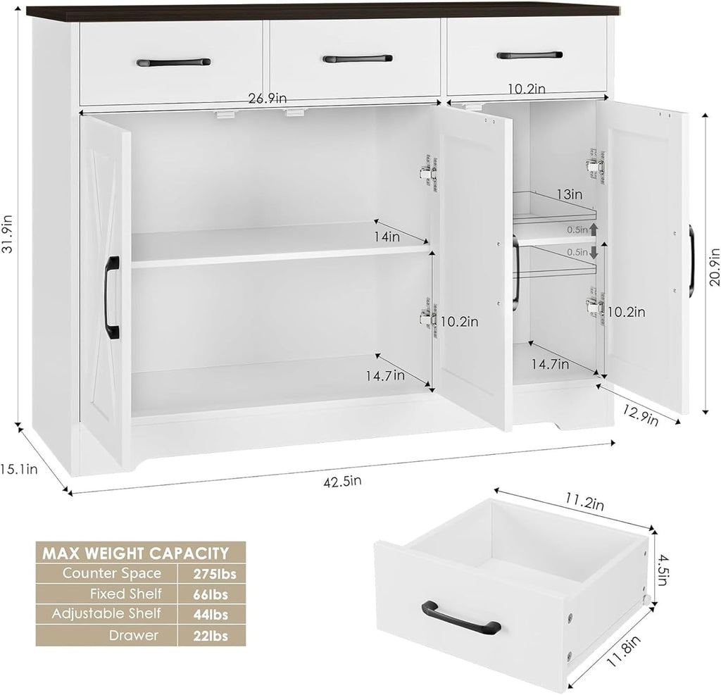 Modern farmhouse sideboard, barn door buffet storage cabinet with drawers and shelves, wooden coffee bar with storage wourant