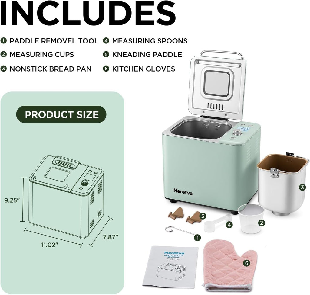 Neretva Bread Maker, 20-IN-1 2LB Bread Machine Dual Heater Bread Maker Machine Automatic with Nonstick Ceramic Pan, 15H Timer & 1H Keep Warm Set, Low Noise, Stainless Steel Breadmaker Recipe-Green wourant