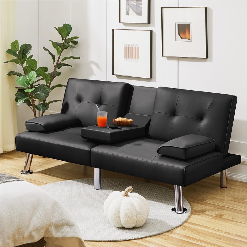 Yaheetech Convertible Sofa Bed Adjustable Couch Sleeper Modern Faux Leather Home Recliner Reversible Loveseat Folding Daybed Guest Bed, Removable Armrests, Cup Holders, 3 Angles, 772lb Capacity, Brown wourant