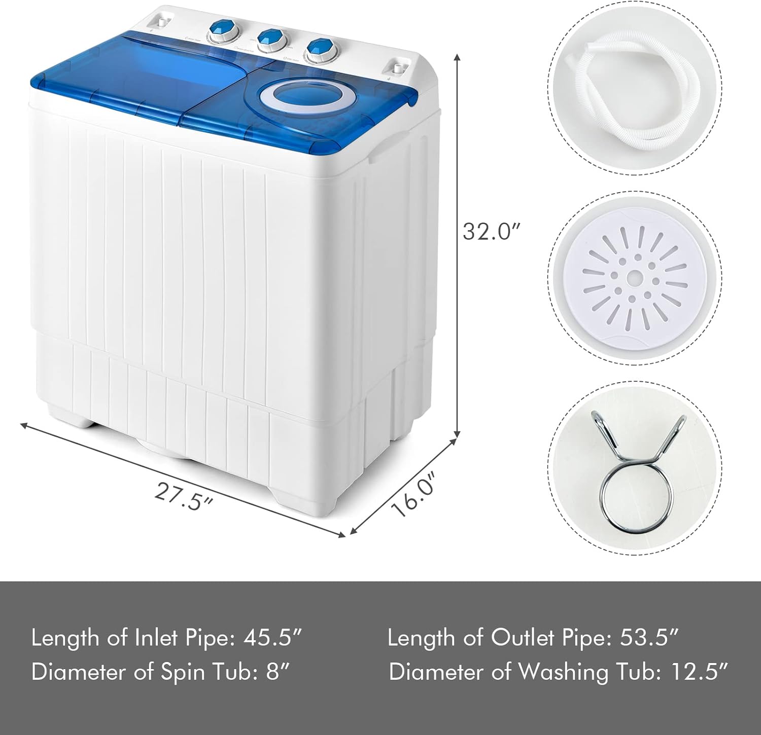 COSTWAY Double Tub 26 lb Capacity Laundry 18 lb 8 lb Spin Combo with Timer Knob Built-in Drain Pump Small Portable Washing Machine wourant