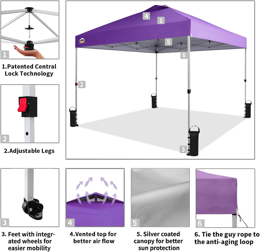 10x10 Pop-Up Awning - One-Click Installation Beach Tent - Outdoor Sunshade Silver Coated Top, 3 Heights and 4 Sand Pockets wourant