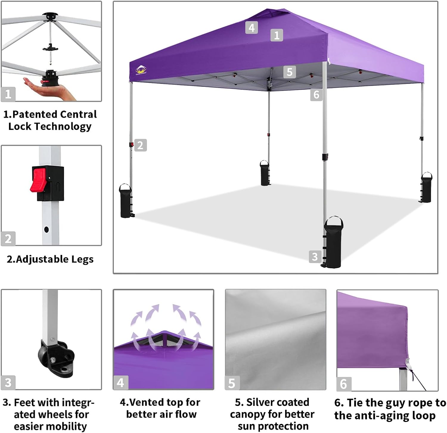 10x10 Pop-Up Awning - One-Click Installation Beach Tent - Outdoor Sunshade Silver Coated Top, 3 Heights and 4 Sand Pockets wourant