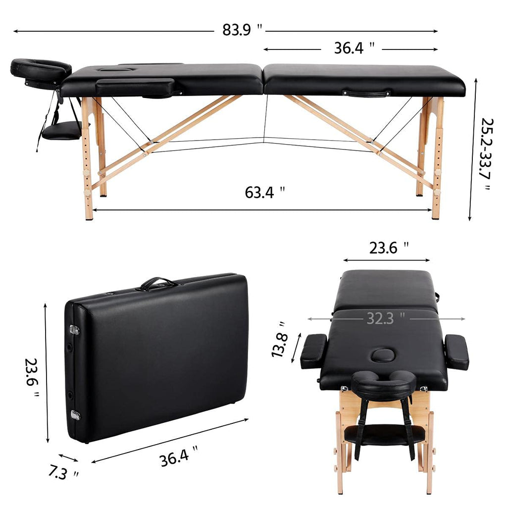 Yaheetech Massage Table Portable Lash Beds Spa Bed Massage Couch Foldable Spa Tables Adjustable 2 Fold with Non-Woven Bag 24 inch, Black wourant