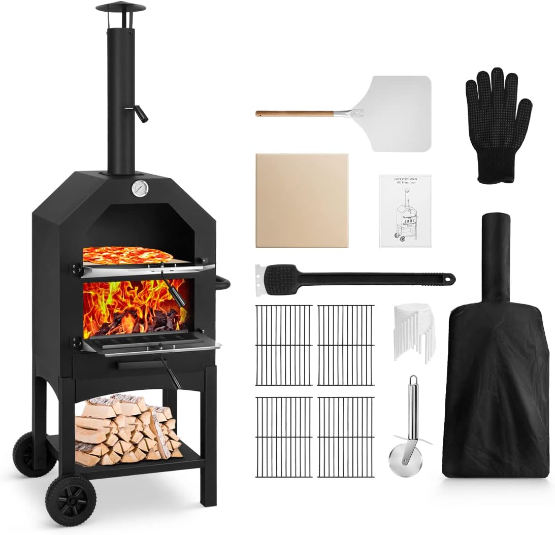EDOSTORY Outdoor Pizza Oven, Wood Fired for Outside, Patio Maker With Stone, Peel, Grill Rack, and Waterproof Cover for Backyard Camping wourant